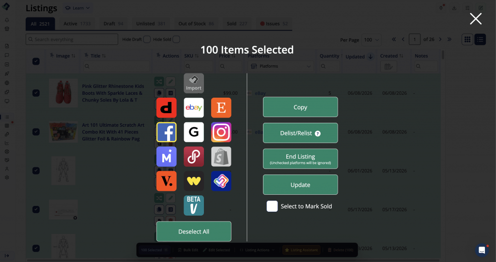 Crosslist menu from List Perfectly to Facebook.